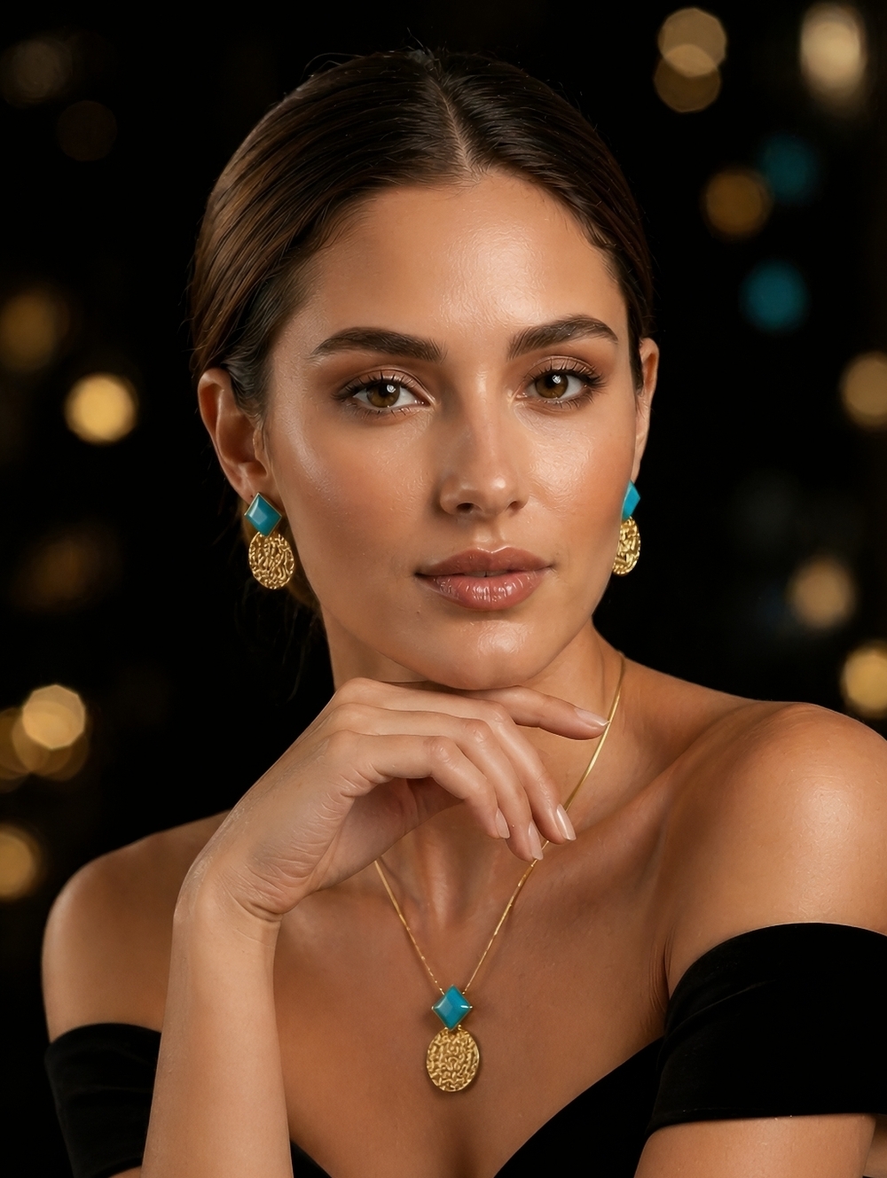 Gold Hammered Turquoise Pendant Necklace Earrings Set Coastal Cowgirl Whimsigoth
